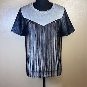 V Fringe Front Faux Leather Short Sleeve Top